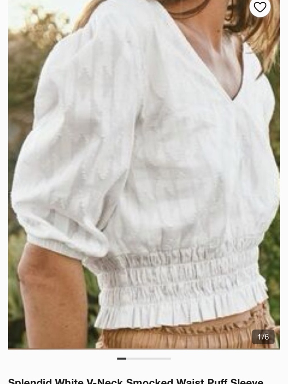 Splendid White V-Neck Smocked Waist Puff Sleeve Top